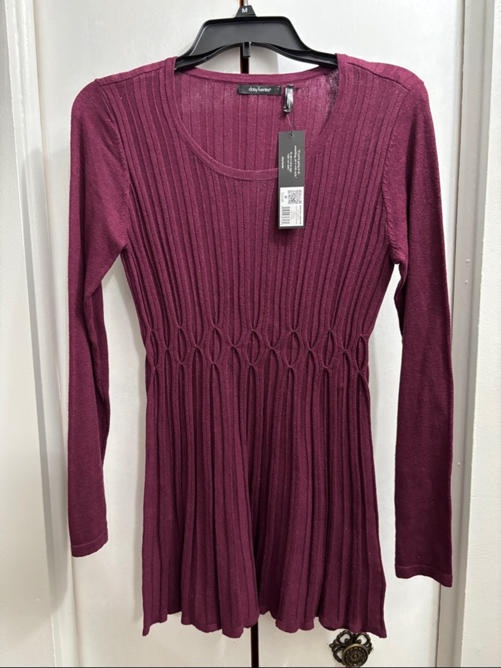 Daisy Fuentes Long Sleeve Ribbed Knit Dress - Burgundy